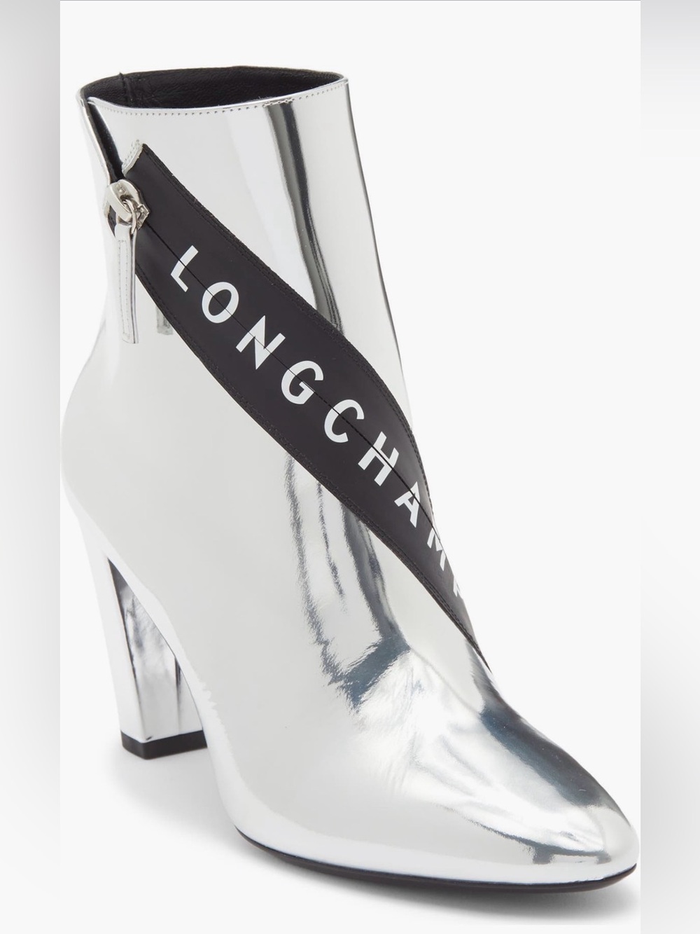 Longchamp Mirror Metallic Silver Logo Heeled Ankle Boot Designer 37